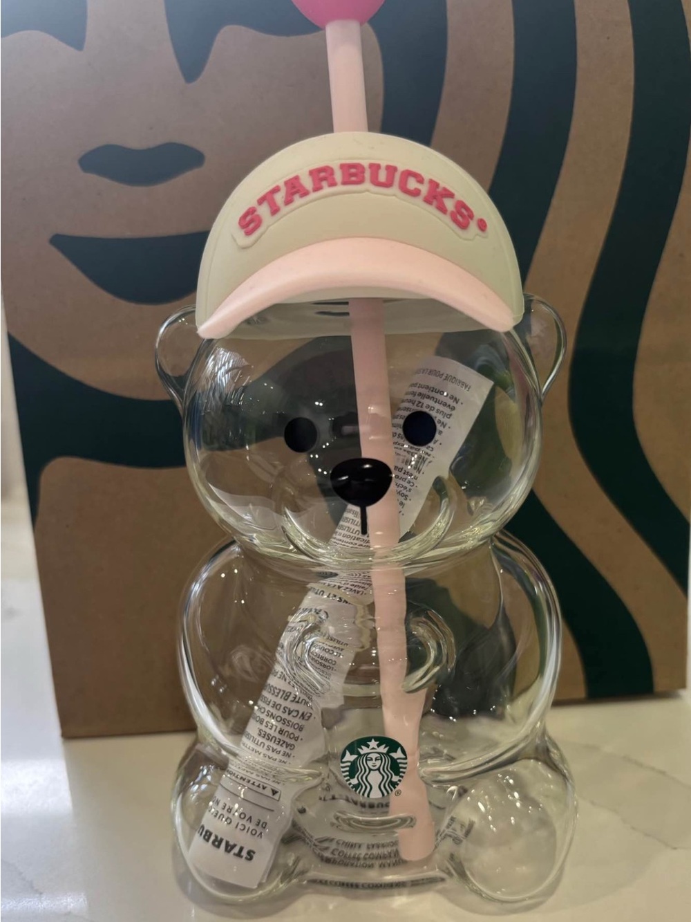 Starbucks Clear Bear Cup with Pink Hat and Straw